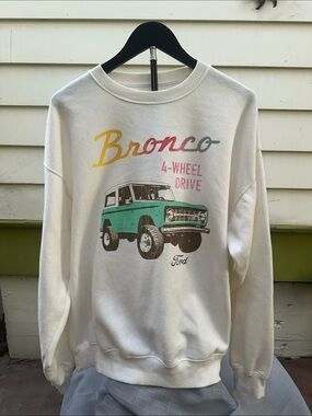 Ford White Crewneck Sweatshirt with Teal Bronco Graphic